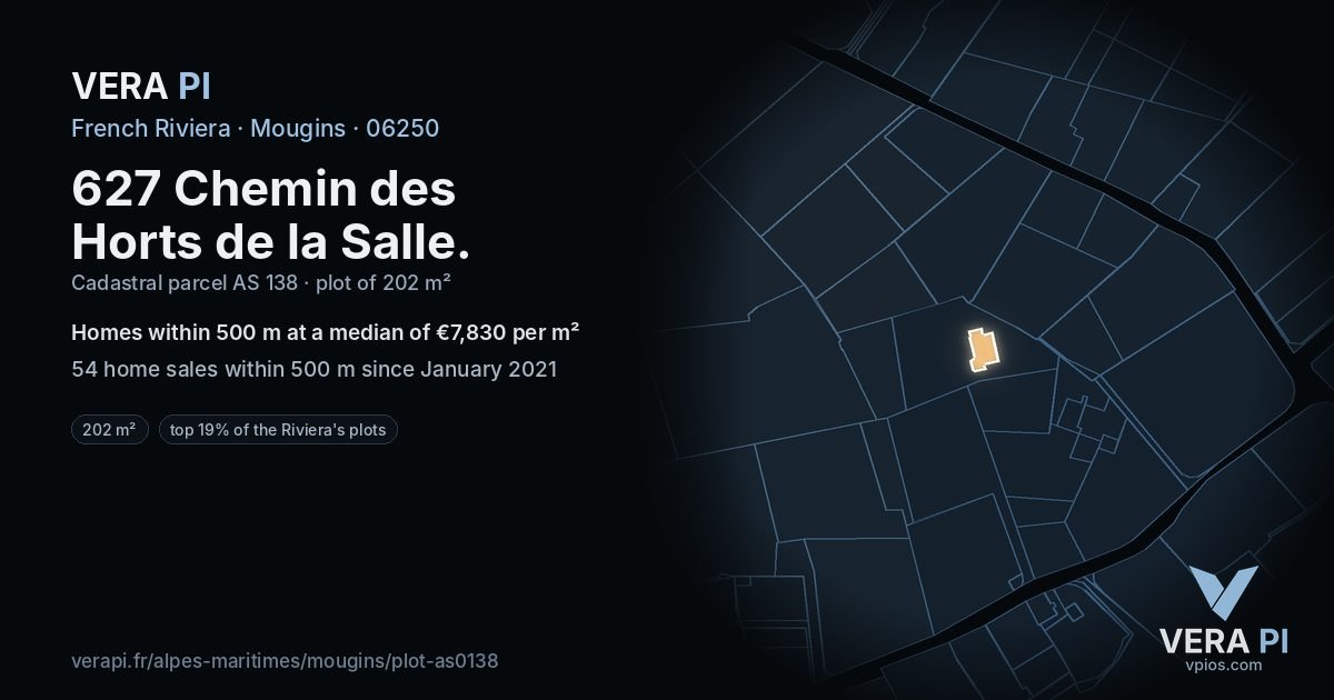 627 Chemin des Horts de la Salle, Mougins at night – the plot lit, the parcels around coloured by the prices near them