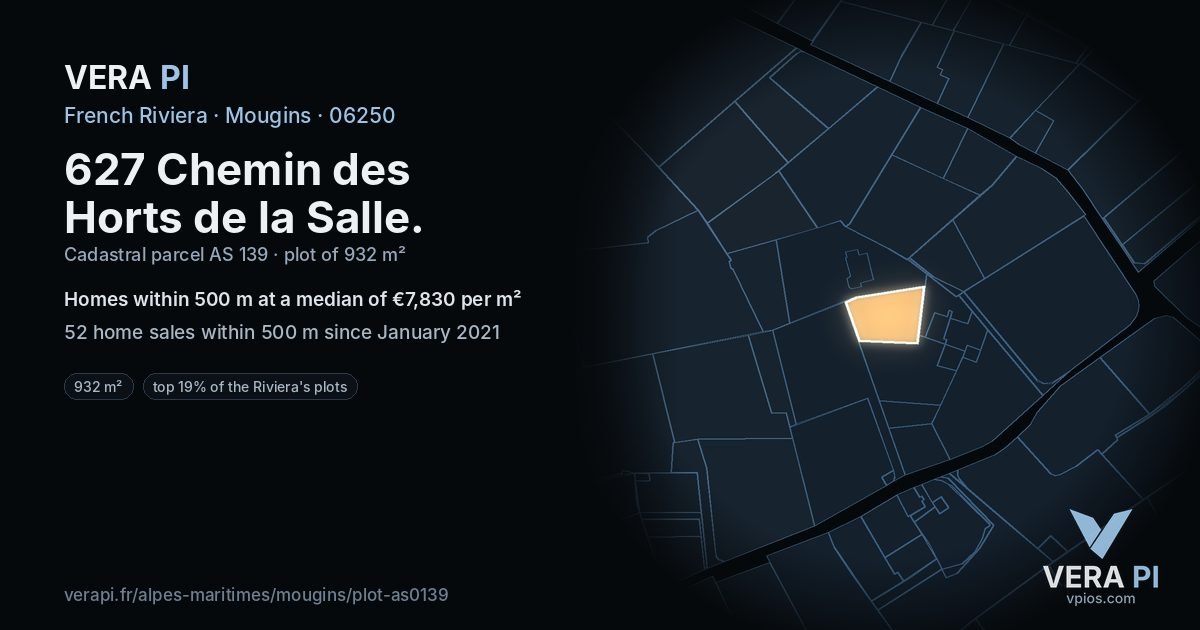 627 Chemin des Horts de la Salle, Mougins at night – the plot lit, the parcels around coloured by the prices near them