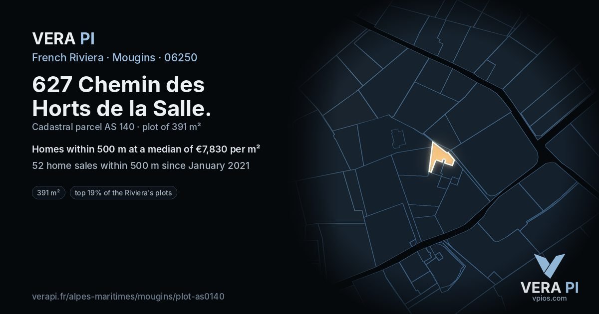627 Chemin des Horts de la Salle, Mougins at night – the plot lit, the parcels around coloured by the prices near them