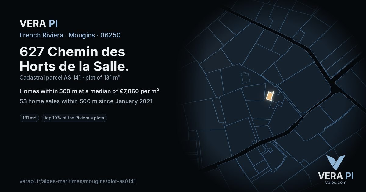 627 Chemin des Horts de la Salle, Mougins at night – the plot lit, the parcels around coloured by the prices near them