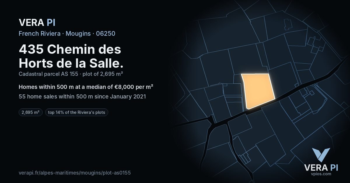 435 Chemin des Horts de la Salle, Mougins at night – the plot lit, the parcels around coloured by the prices near them