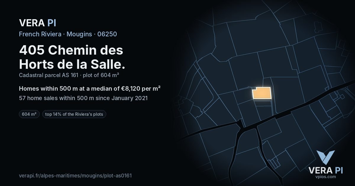 405 Chemin des Horts de la Salle, Mougins at night – the plot lit, the parcels around coloured by the prices near them