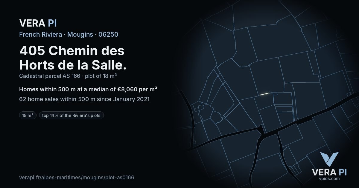 405 Chemin des Horts de la Salle, Mougins at night – the plot lit, the parcels around coloured by the prices near them