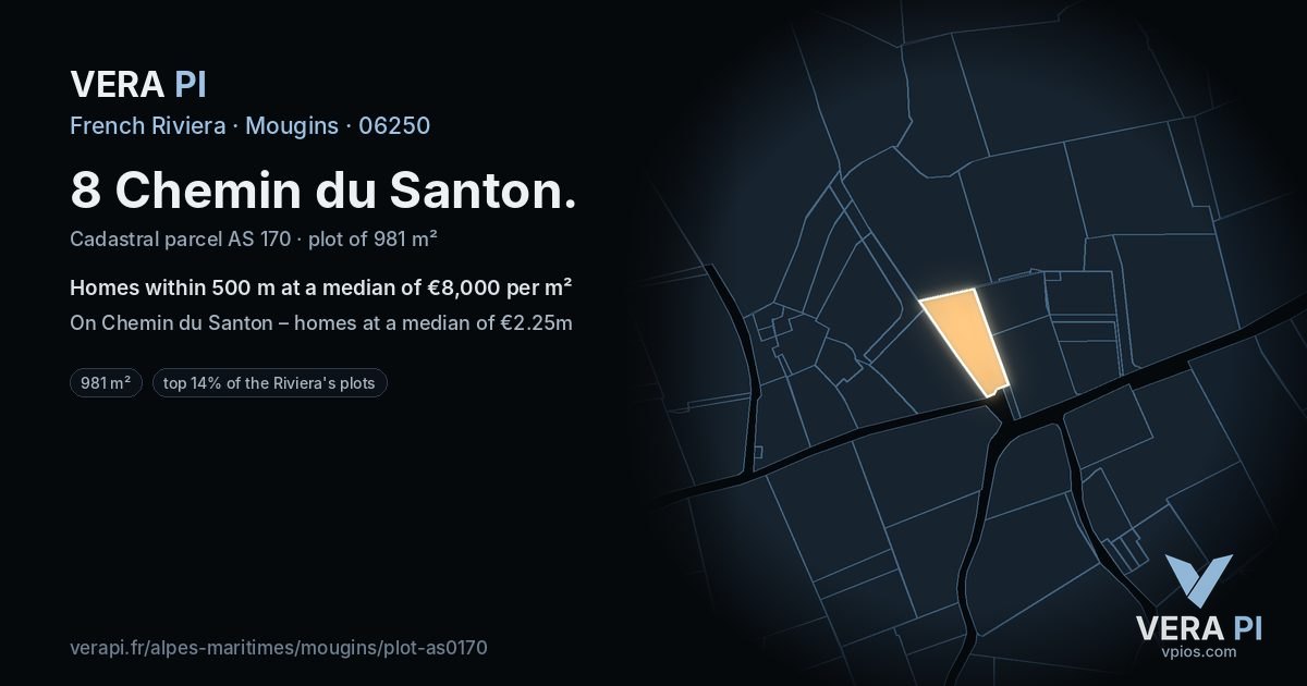 8 Chemin du Santon, Mougins at night – the plot lit, the parcels around coloured by the prices near them
