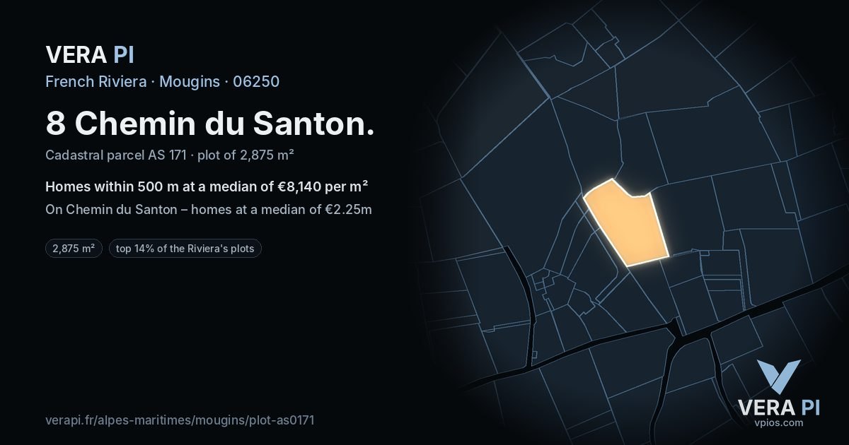 8 Chemin du Santon, Mougins at night – the plot lit, the parcels around coloured by the prices near them