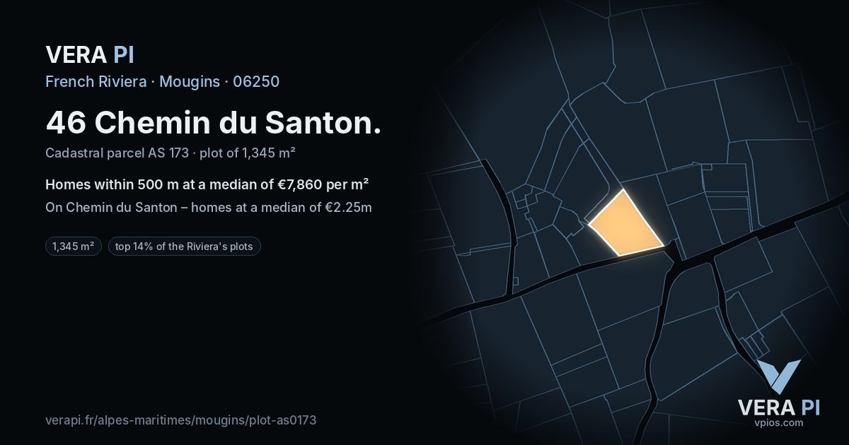 46 Chemin du Santon, Mougins at night – the plot lit, the parcels around coloured by the prices near them