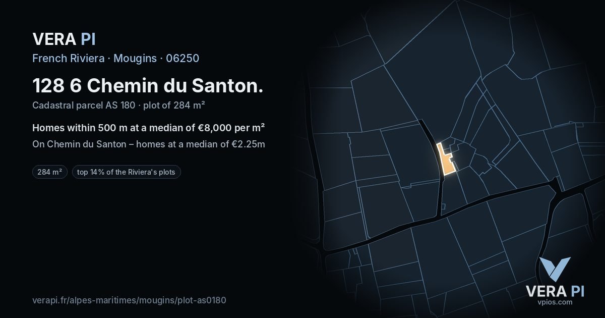 128 6 Chemin du Santon, Mougins at night – the plot lit, the parcels around coloured by the prices near them
