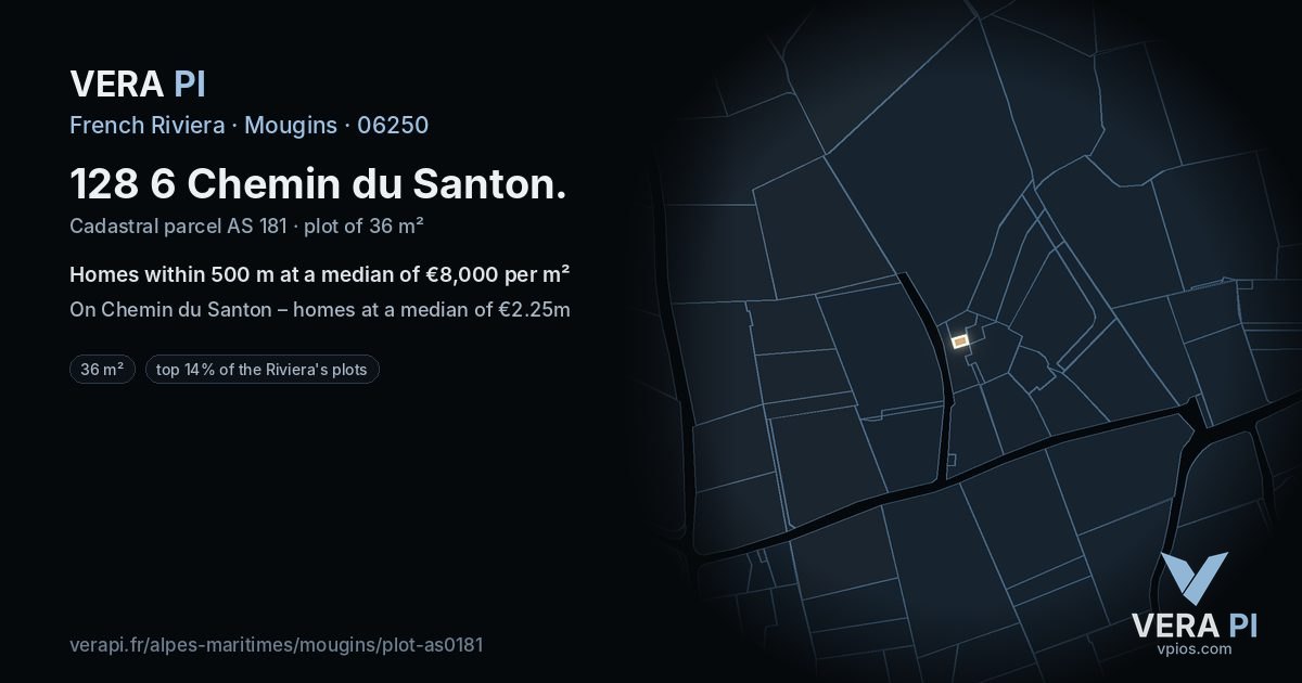 128 6 Chemin du Santon, Mougins at night – the plot lit, the parcels around coloured by the prices near them