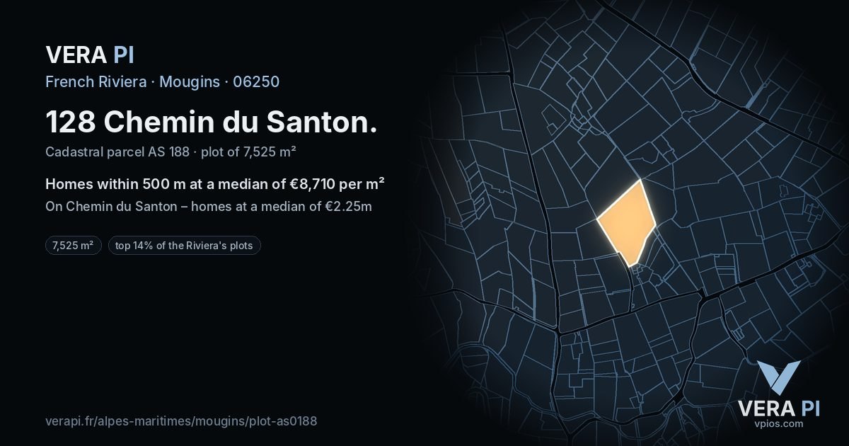 128 Chemin du Santon, Mougins at night – the plot lit, the parcels around coloured by the prices near them