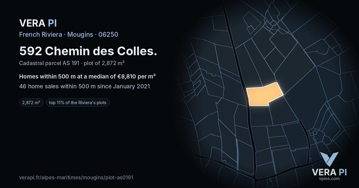 592 Chemin des Colles, Mougins at night – the plot lit, the parcels around coloured by the prices near them