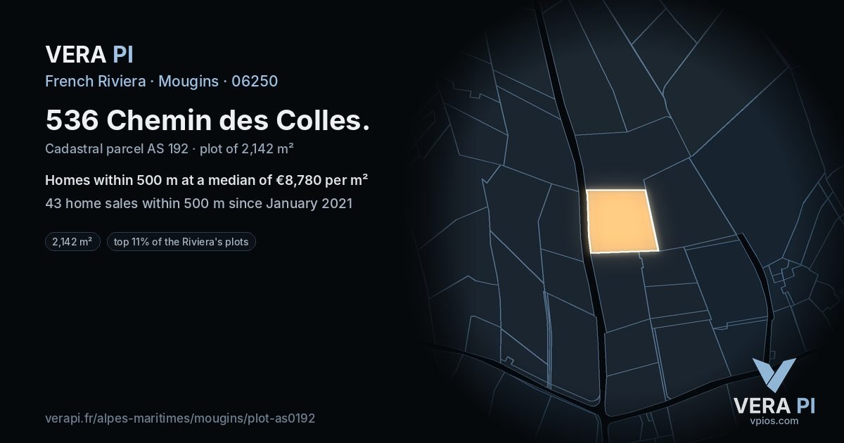 536 Chemin des Colles, Mougins at night – the plot lit, the parcels around coloured by the prices near them