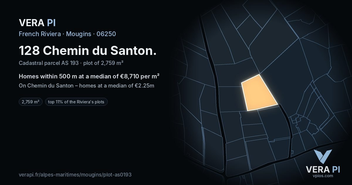 128 Chemin du Santon, Mougins at night – the plot lit, the parcels around coloured by the prices near them