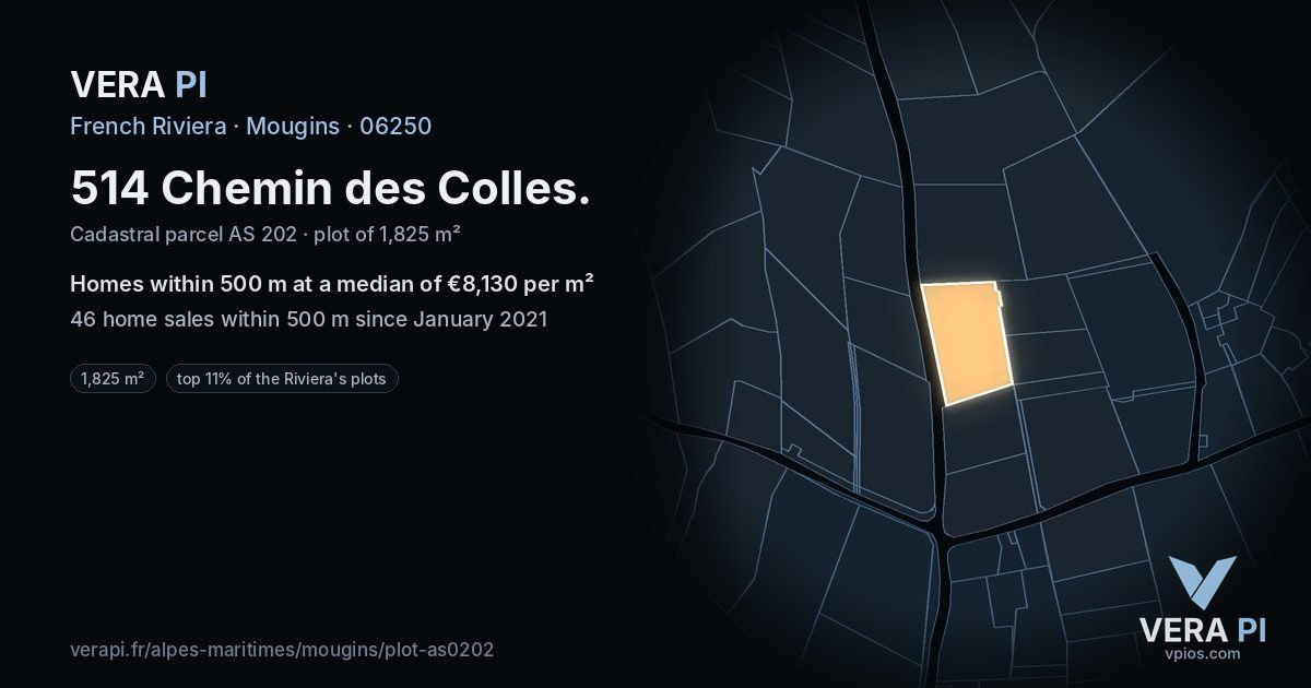 514 Chemin des Colles, Mougins at night – the plot lit, the parcels around coloured by the prices near them