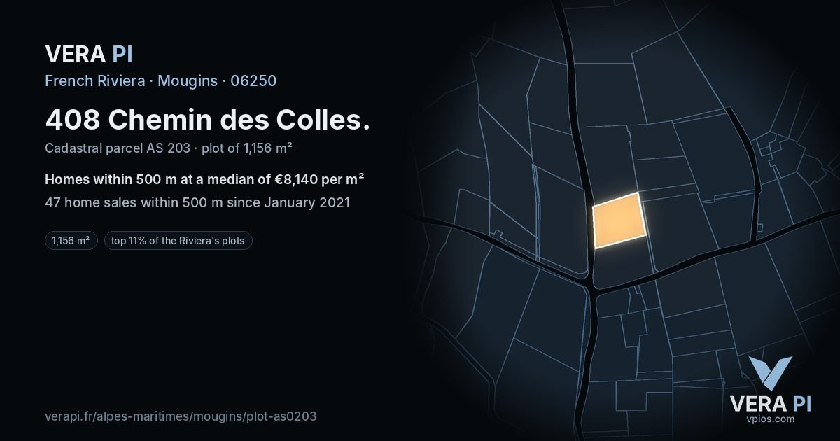 408 Chemin des Colles, Mougins at night – the plot lit, the parcels around coloured by the prices near them