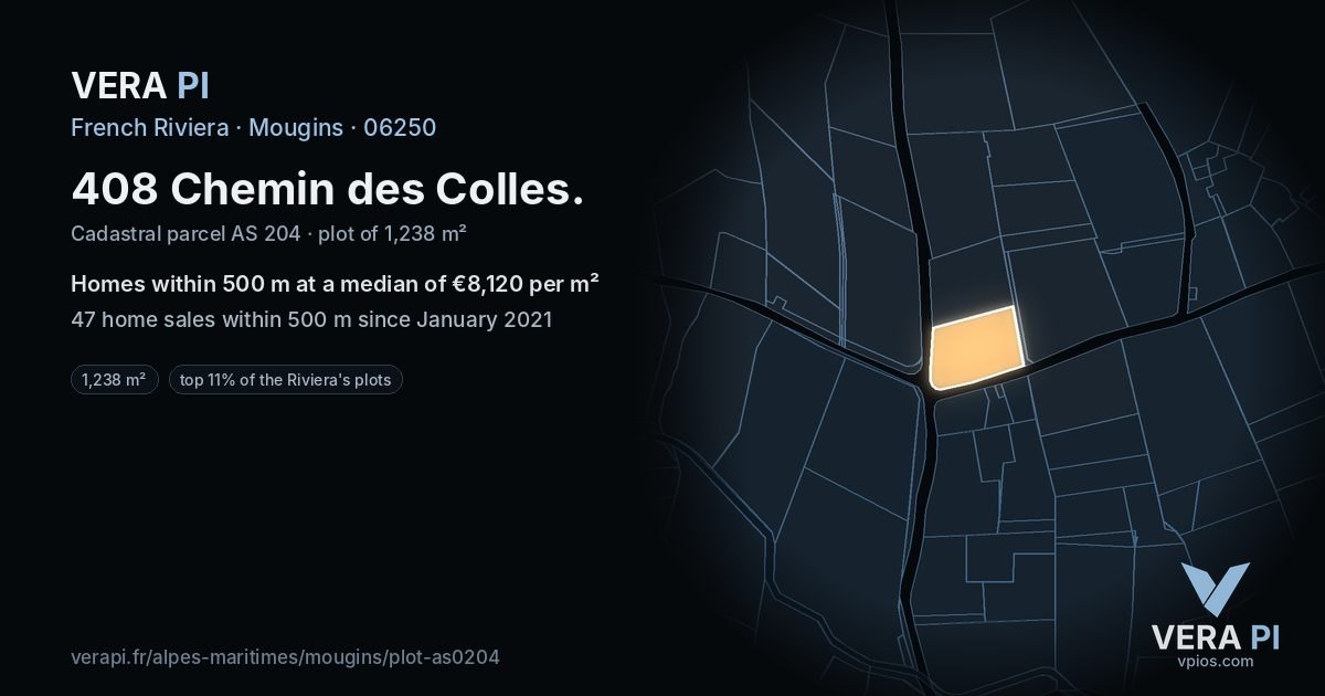 408 Chemin des Colles, Mougins at night – the plot lit, the parcels around coloured by the prices near them