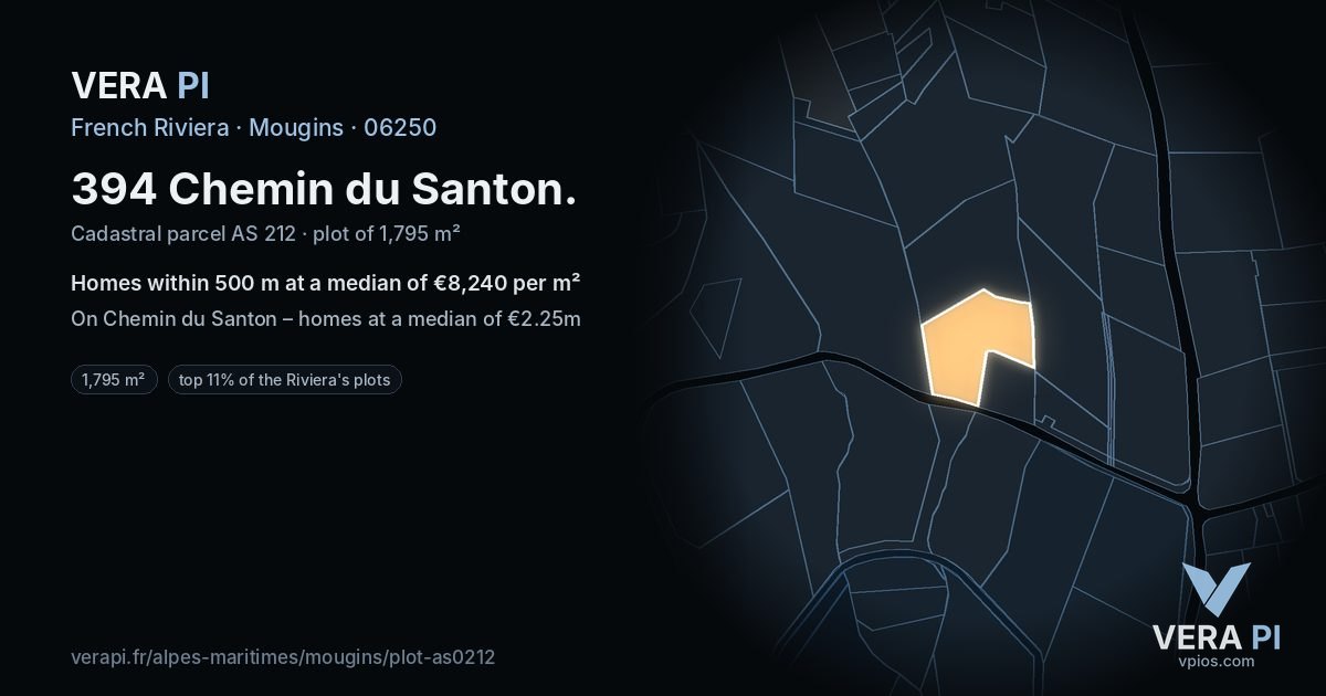 394 Chemin du Santon, Mougins at night – the plot lit, the parcels around coloured by the prices near them