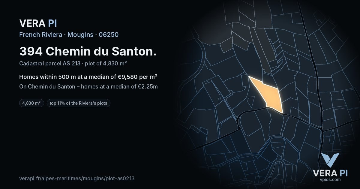394 Chemin du Santon, Mougins at night – the plot lit, the parcels around coloured by the prices near them