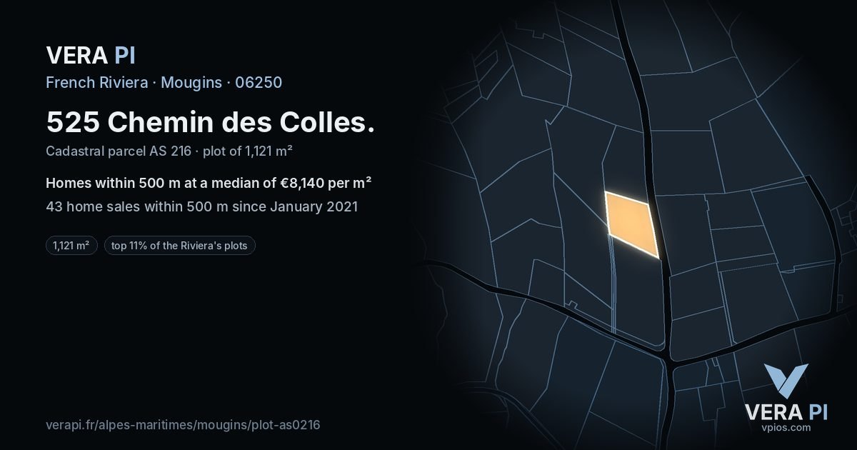 525 Chemin des Colles, Mougins at night – the plot lit, the parcels around coloured by the prices near them