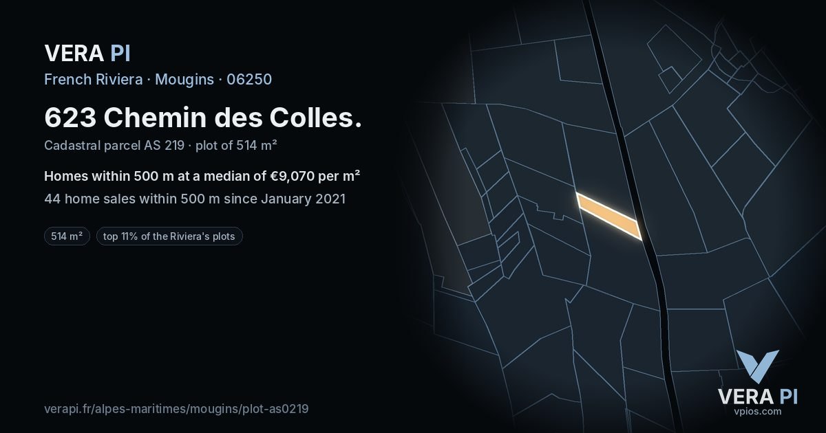 623 Chemin des Colles, Mougins at night – the plot lit, the parcels around coloured by the prices near them