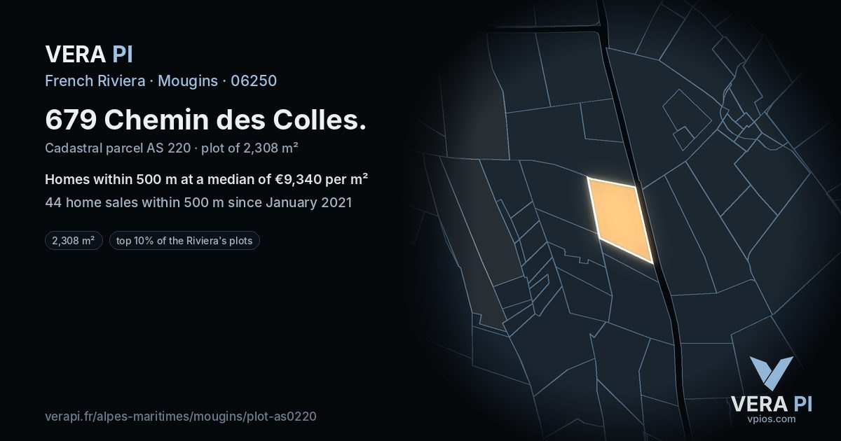 679 Chemin des Colles, Mougins at night – the plot lit, the parcels around coloured by the prices near them