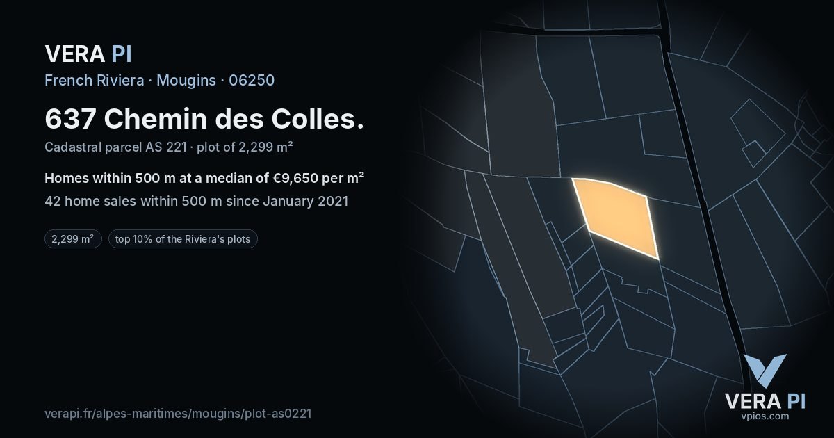637 Chemin des Colles, Mougins at night – the plot lit, the parcels around coloured by the prices near them