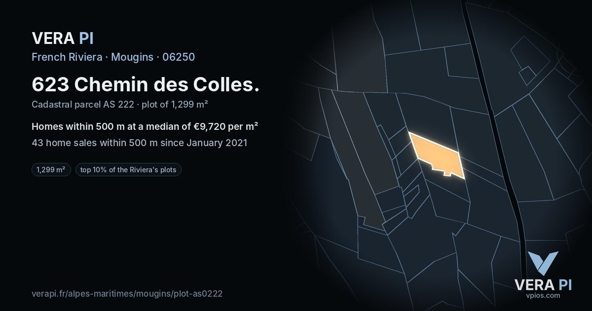 623 Chemin des Colles, Mougins at night – the plot lit, the parcels around coloured by the prices near them