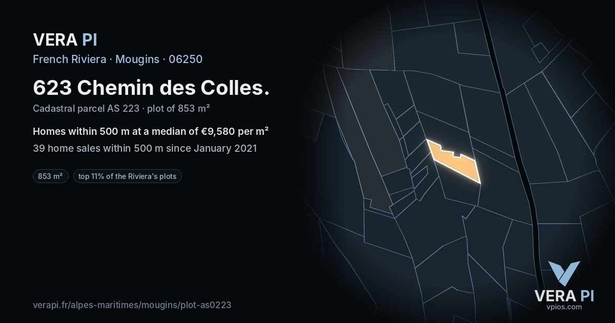 623 Chemin des Colles, Mougins at night – the plot lit, the parcels around coloured by the prices near them