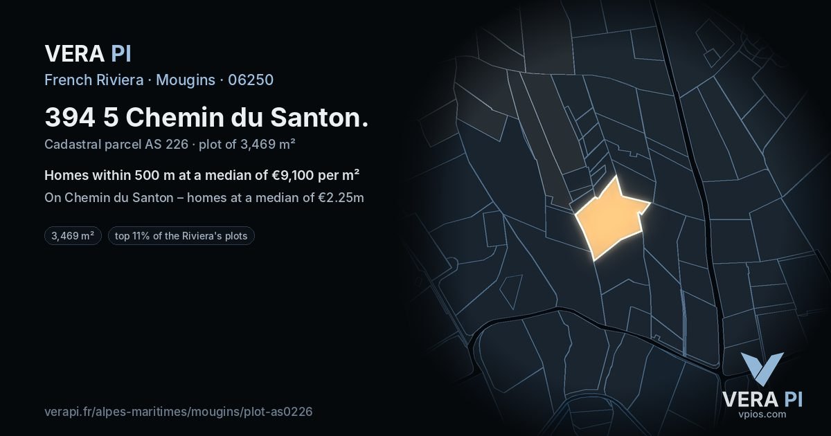 394 5 Chemin du Santon, Mougins at night – the plot lit, the parcels around coloured by the prices near them