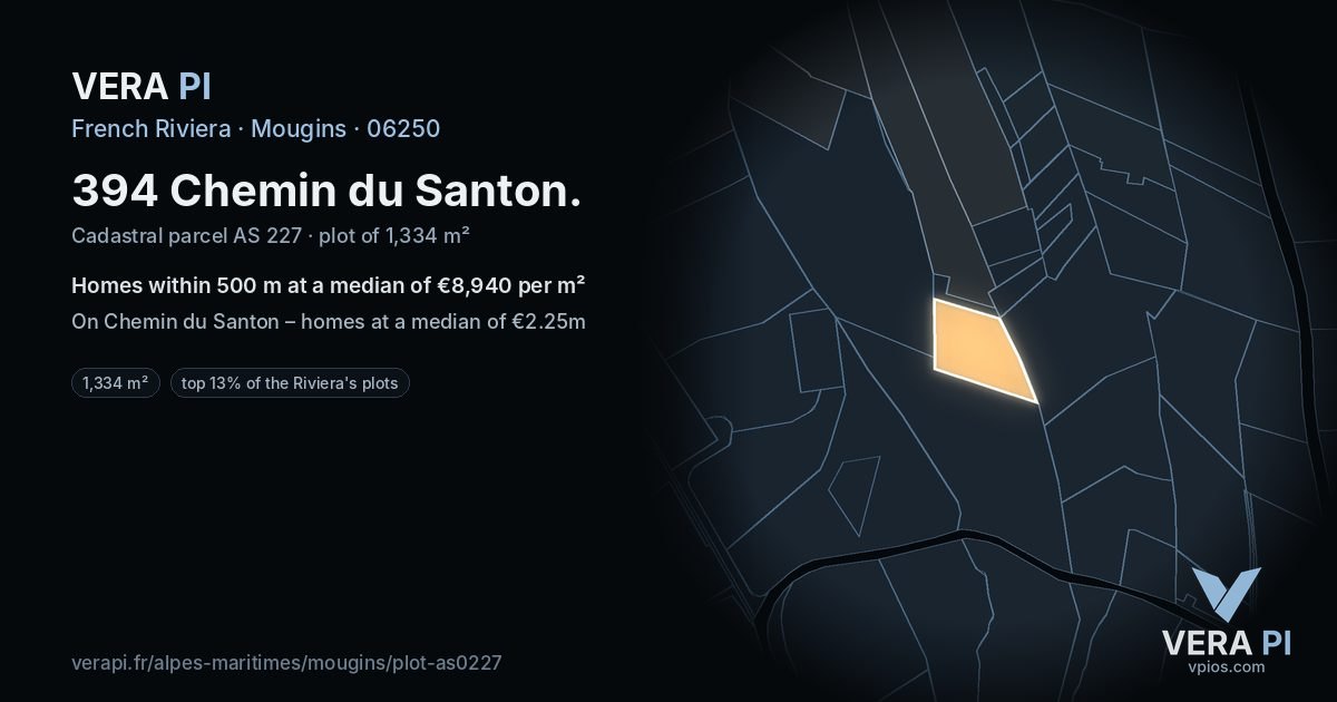 394 Chemin du Santon, Mougins at night – the plot lit, the parcels around coloured by the prices near them