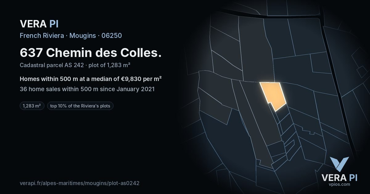 637 Chemin des Colles, Mougins at night – the plot lit, the parcels around coloured by the prices near them