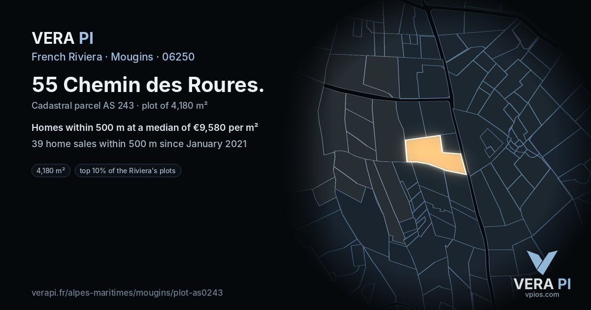 55 Chemin des Roures, Mougins at night – the plot lit, the parcels around coloured by the prices near them