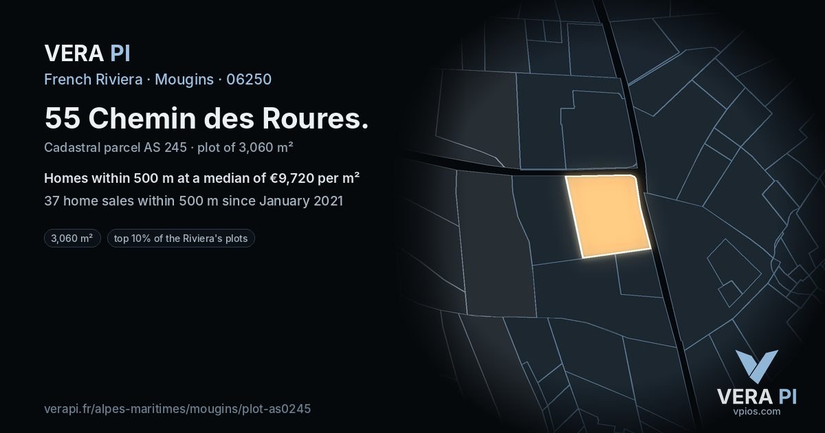 55 Chemin des Roures, Mougins at night – the plot lit, the parcels around coloured by the prices near them
