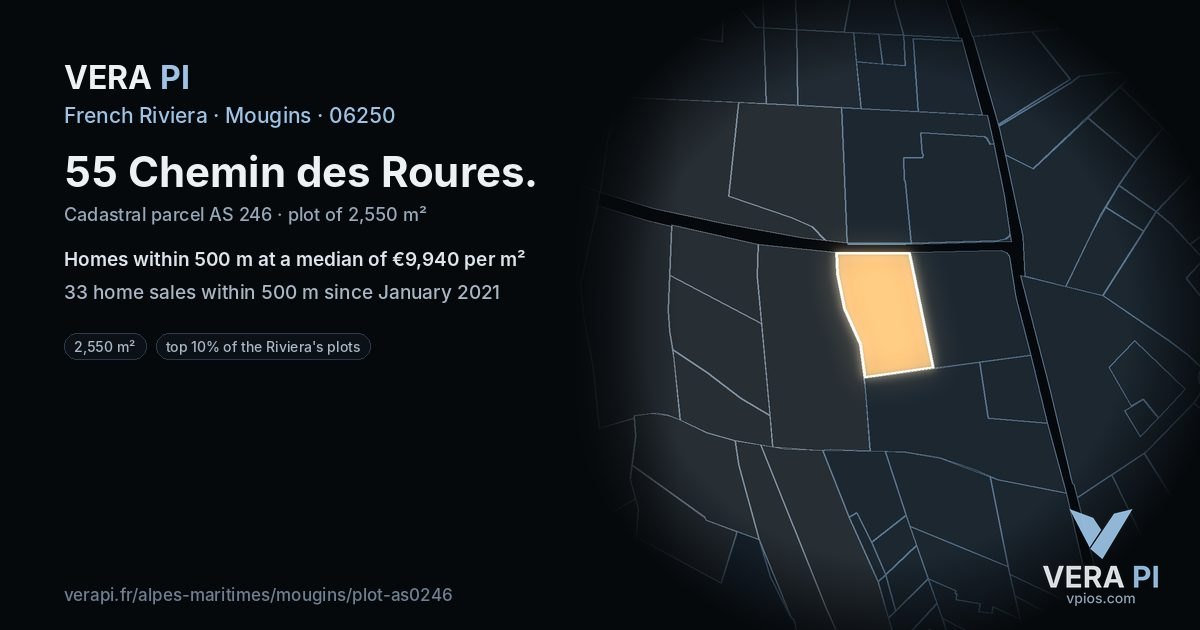 55 Chemin des Roures, Mougins at night – the plot lit, the parcels around coloured by the prices near them