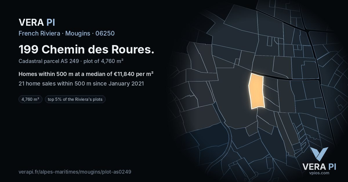 199 Chemin des Roures, Mougins at night – the plot lit, the parcels around coloured by the prices near them