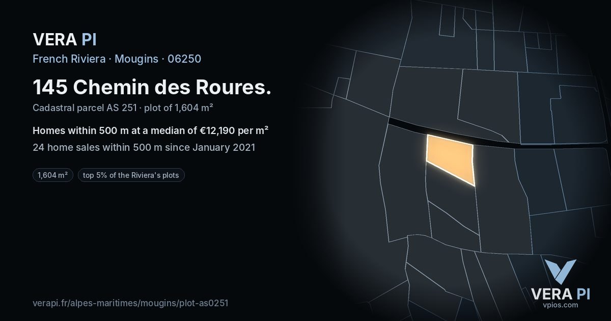 145 Chemin des Roures, Mougins at night – the plot lit, the parcels around coloured by the prices near them