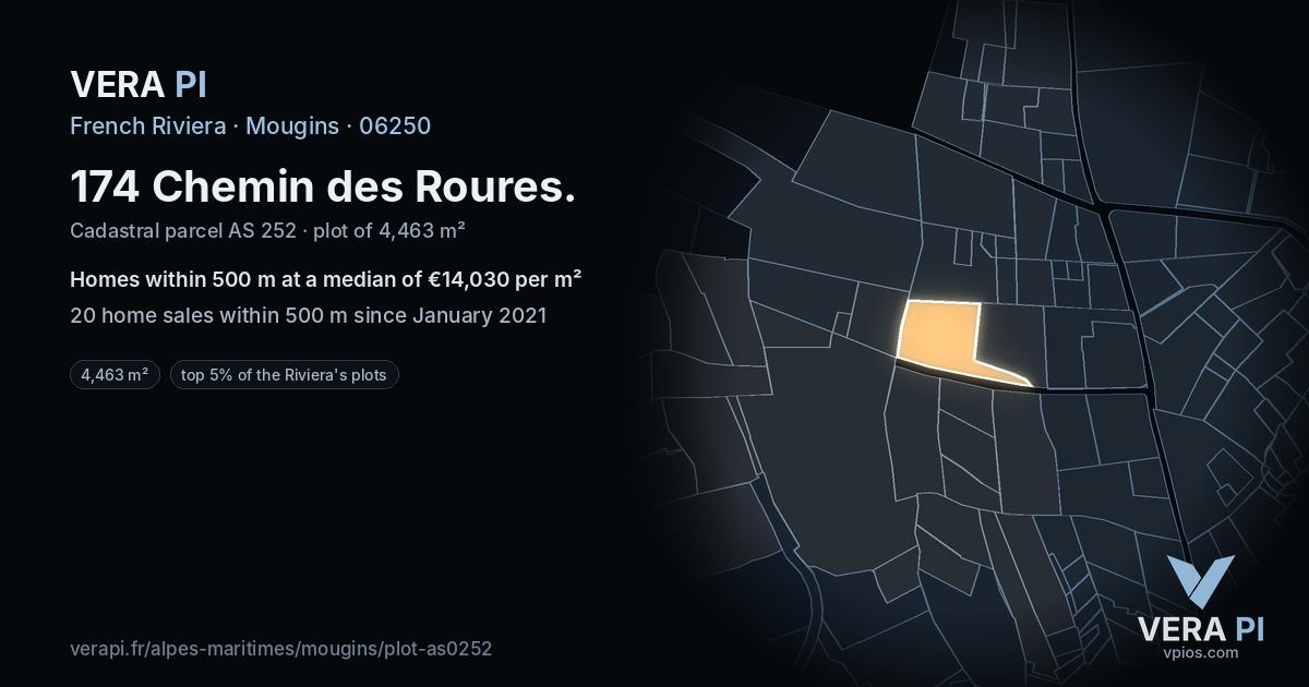 174 Chemin des Roures, Mougins at night – the plot lit, the parcels around coloured by the prices near them