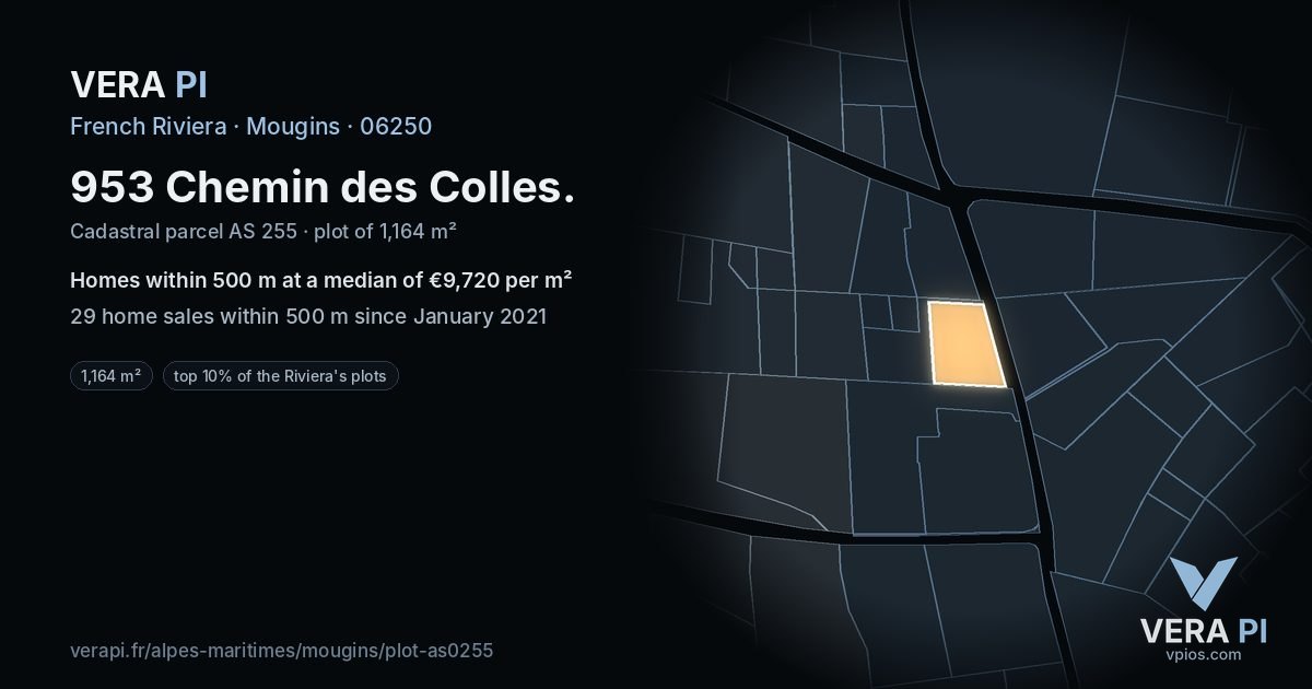 953 Chemin des Colles, Mougins at night – the plot lit, the parcels around coloured by the prices near them