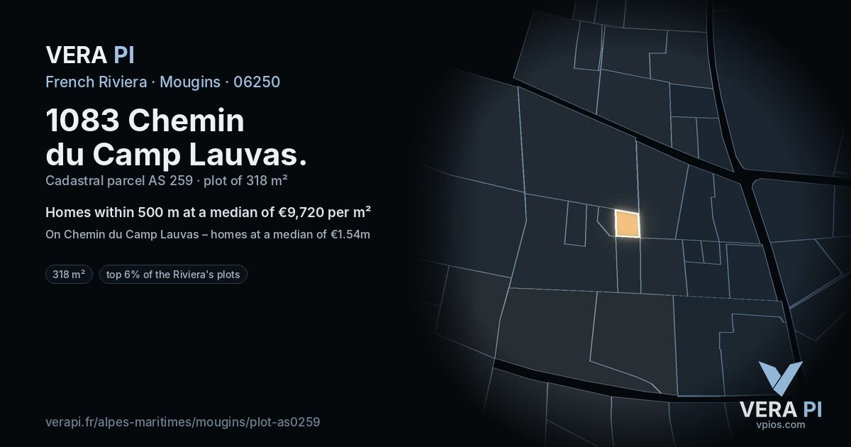 1083 Chemin du Camp Lauvas, Mougins at night – the plot lit, the parcels around coloured by the prices near them