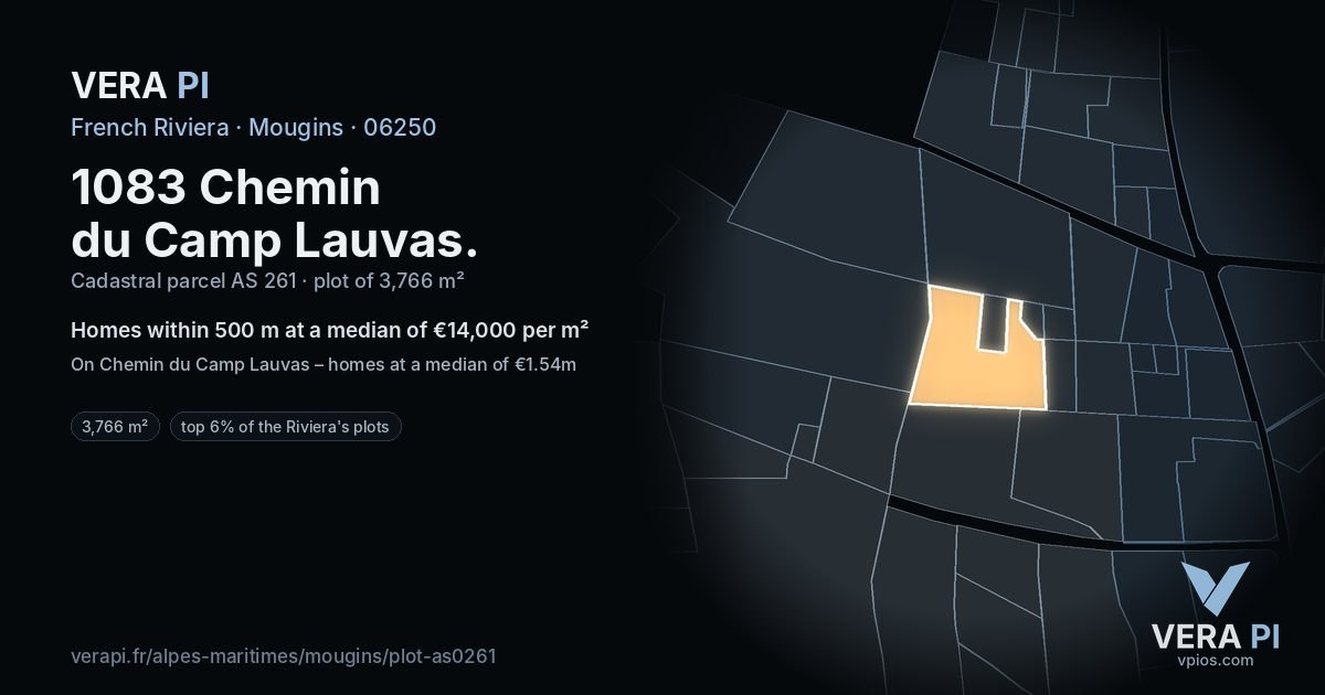 1083 Chemin du Camp Lauvas, Mougins at night – the plot lit, the parcels around coloured by the prices near them