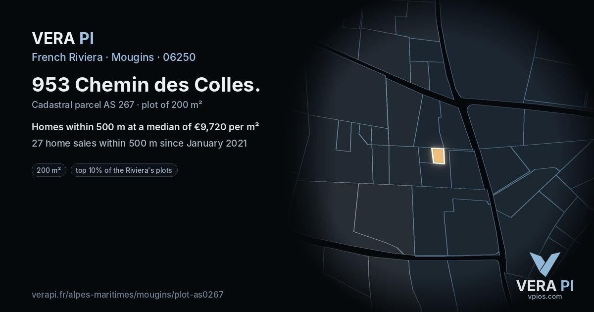 953 Chemin des Colles, Mougins at night – the plot lit, the parcels around coloured by the prices near them