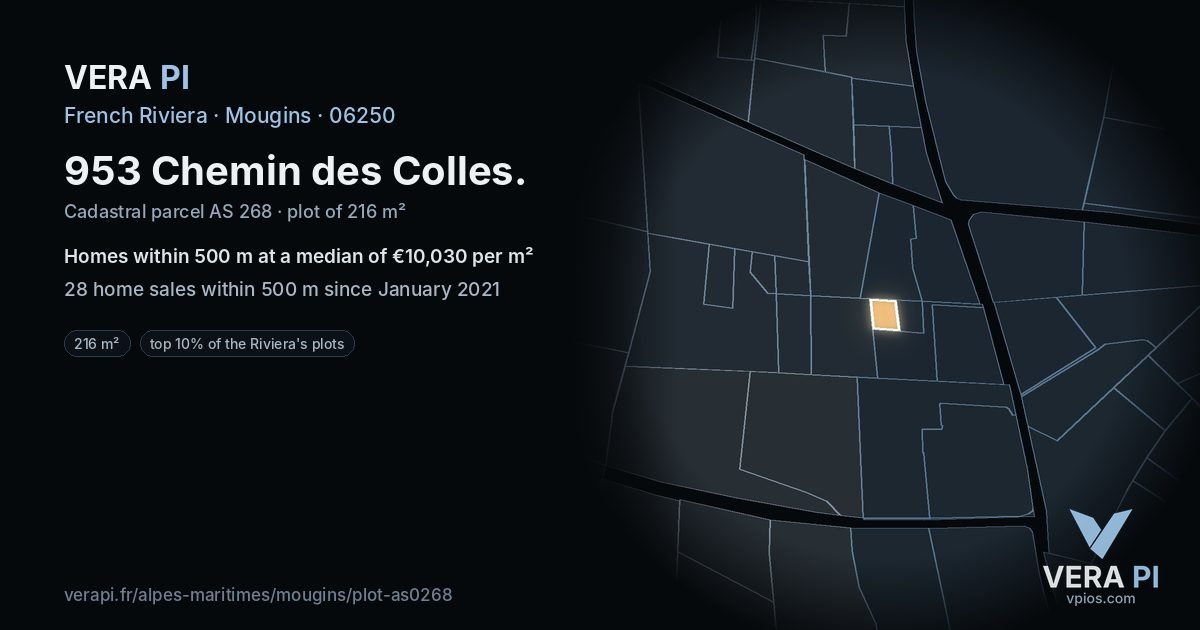 953 Chemin des Colles, Mougins at night – the plot lit, the parcels around coloured by the prices near them