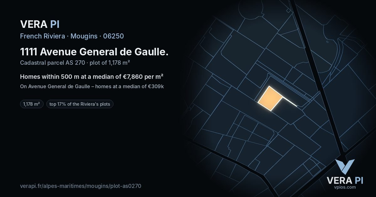 1111 Avenue General de Gaulle, Mougins at night – the plot lit, the parcels around coloured by the prices near them