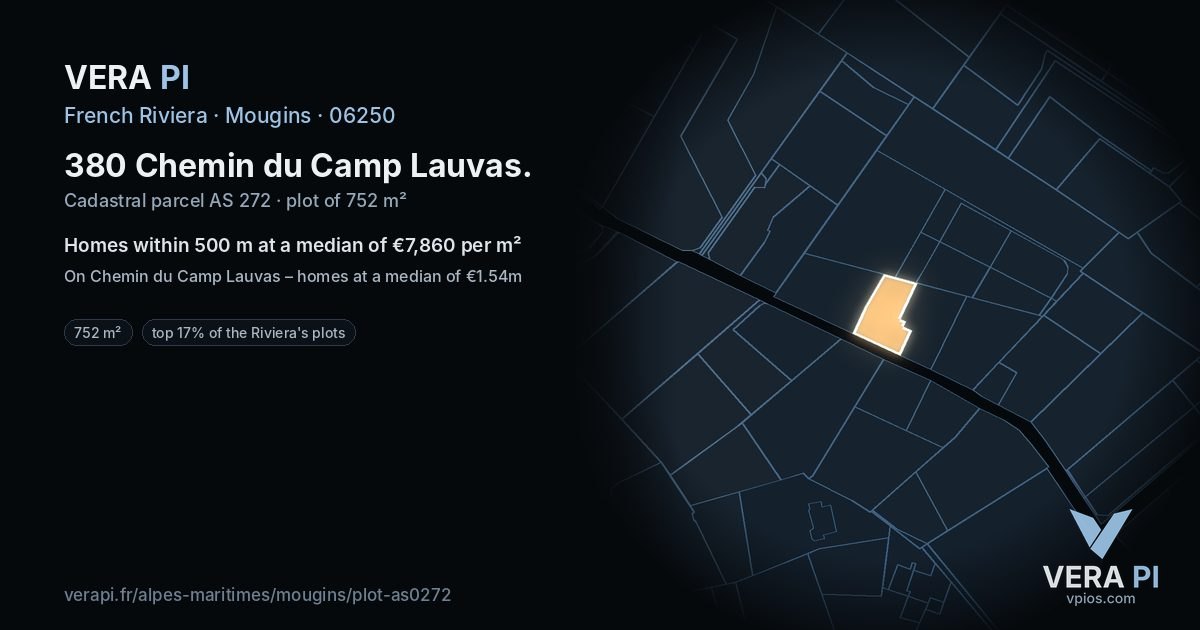 380 Chemin du Camp Lauvas, Mougins at night – the plot lit, the parcels around coloured by the prices near them