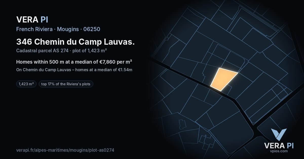 346 Chemin du Camp Lauvas, Mougins at night – the plot lit, the parcels around coloured by the prices near them