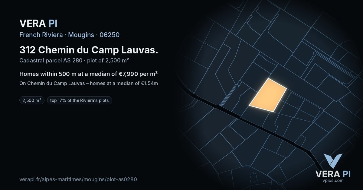 312 Chemin du Camp Lauvas, Mougins at night – the plot lit, the parcels around coloured by the prices near them