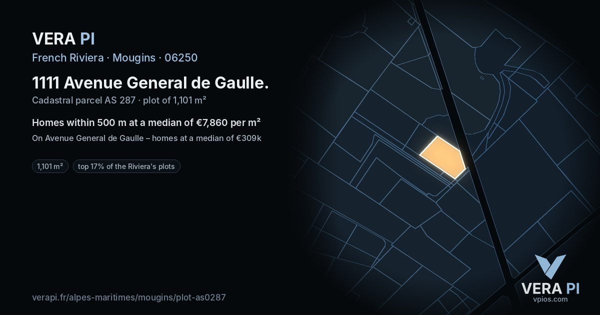 1111 Avenue General de Gaulle, Mougins at night – the plot lit, the parcels around coloured by the prices near them