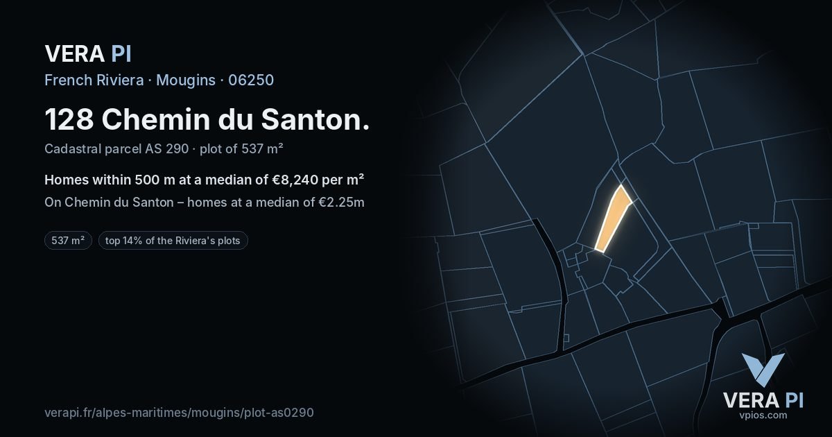 128 Chemin du Santon, Mougins at night – the plot lit, the parcels around coloured by the prices near them