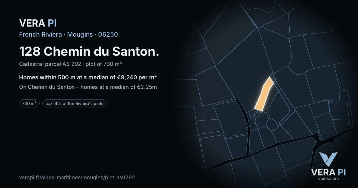 128 Chemin du Santon, Mougins at night – the plot lit, the parcels around coloured by the prices near them