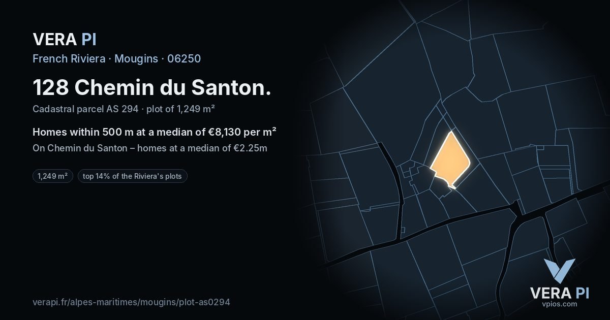 128 Chemin du Santon, Mougins at night – the plot lit, the parcels around coloured by the prices near them