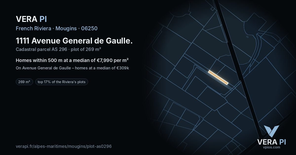 1111 Avenue General de Gaulle, Mougins at night – the plot lit, the parcels around coloured by the prices near them